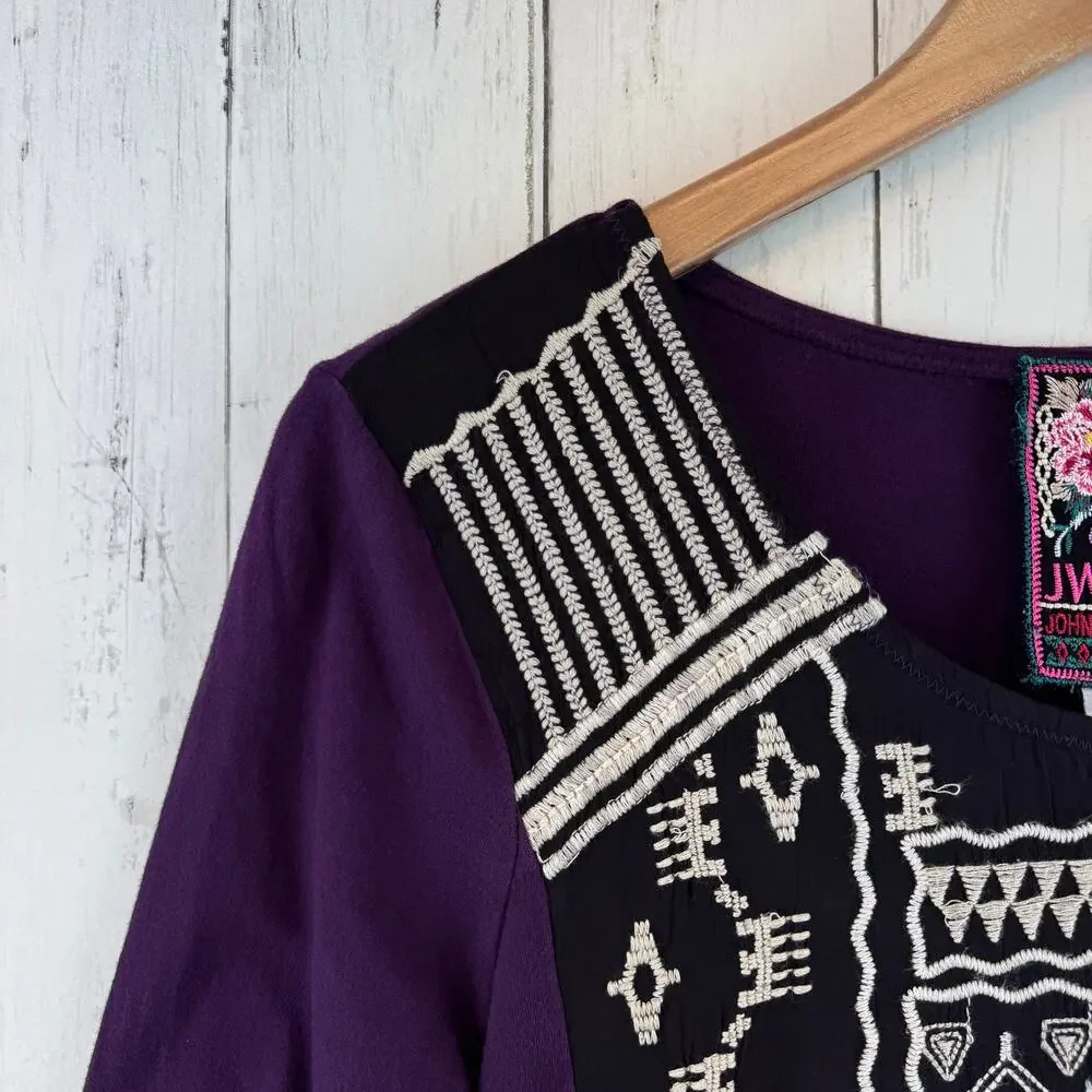 Johnny Was Dark Purple Embroidered 3/4 Sleeve Tunic Boho Cupra Cotton Size Small
